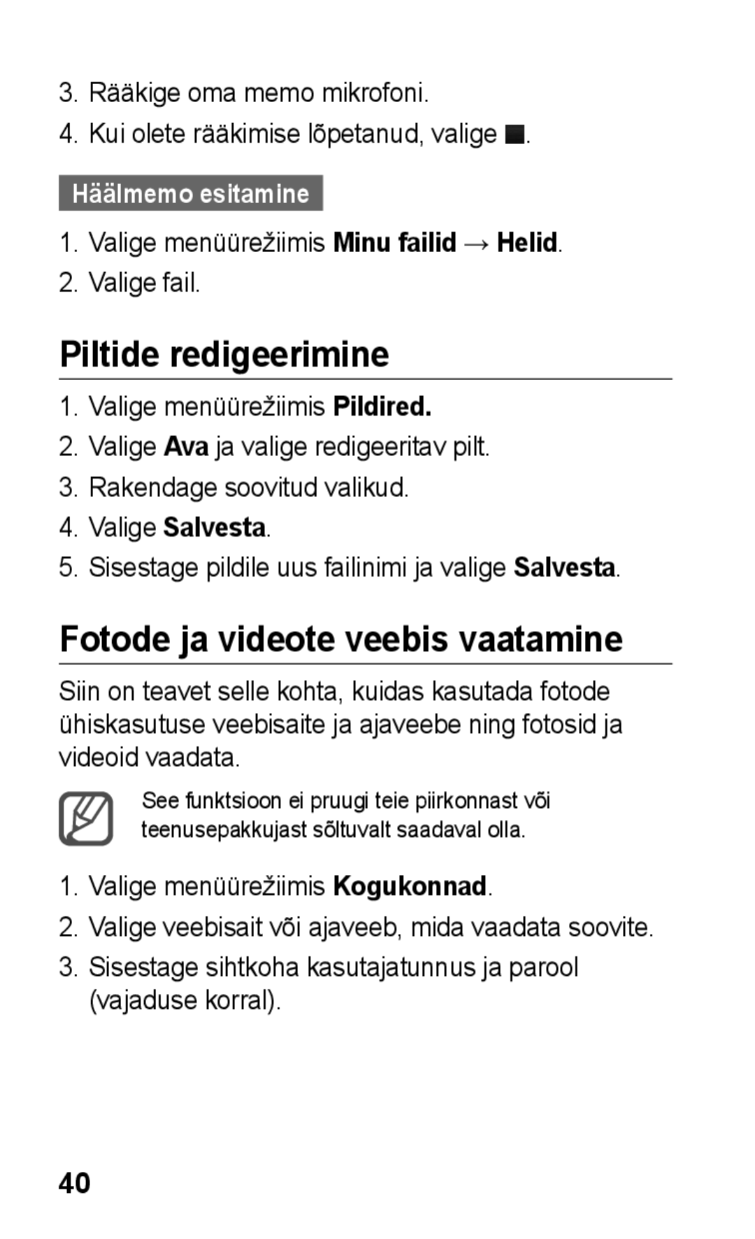 Samsung GT-C3300SIKBAL, GT-C3300DKKSEB manual Piltide redigeerimine, Fotode ja videote veebis vaatamine, Häälmemo esitamine 