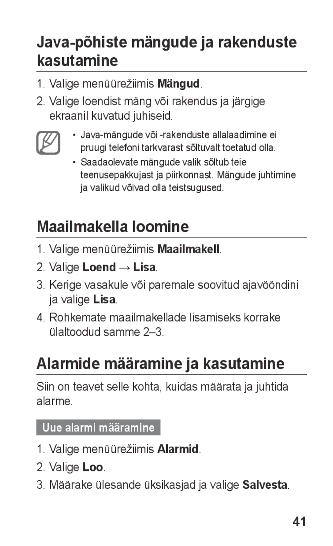 Samsung GT-C3300DKKSEB manual Java-põhiste mängude ja rakenduste kasutamine, Maailmakella loomine, Uue alarmi määramine 