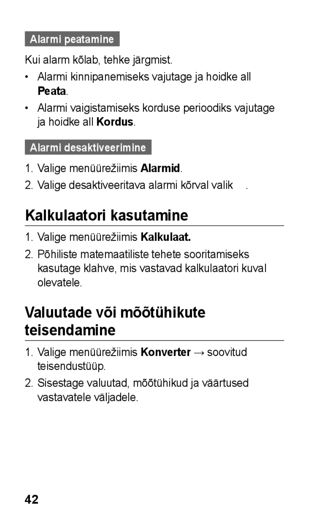 Samsung GT-C3300CWKSEB, GT-C3300SIKBAL Kalkulaatori kasutamine, Valuutade või mõõtühikute teisendamine, Alarmi peatamine 