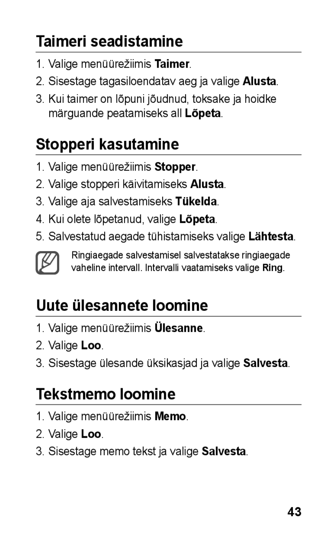 Samsung GT-C3300SIKSEB manual Taimeri seadistamine, Stopperi kasutamine, Uute ülesannete loomine, Tekstmemo loomine 