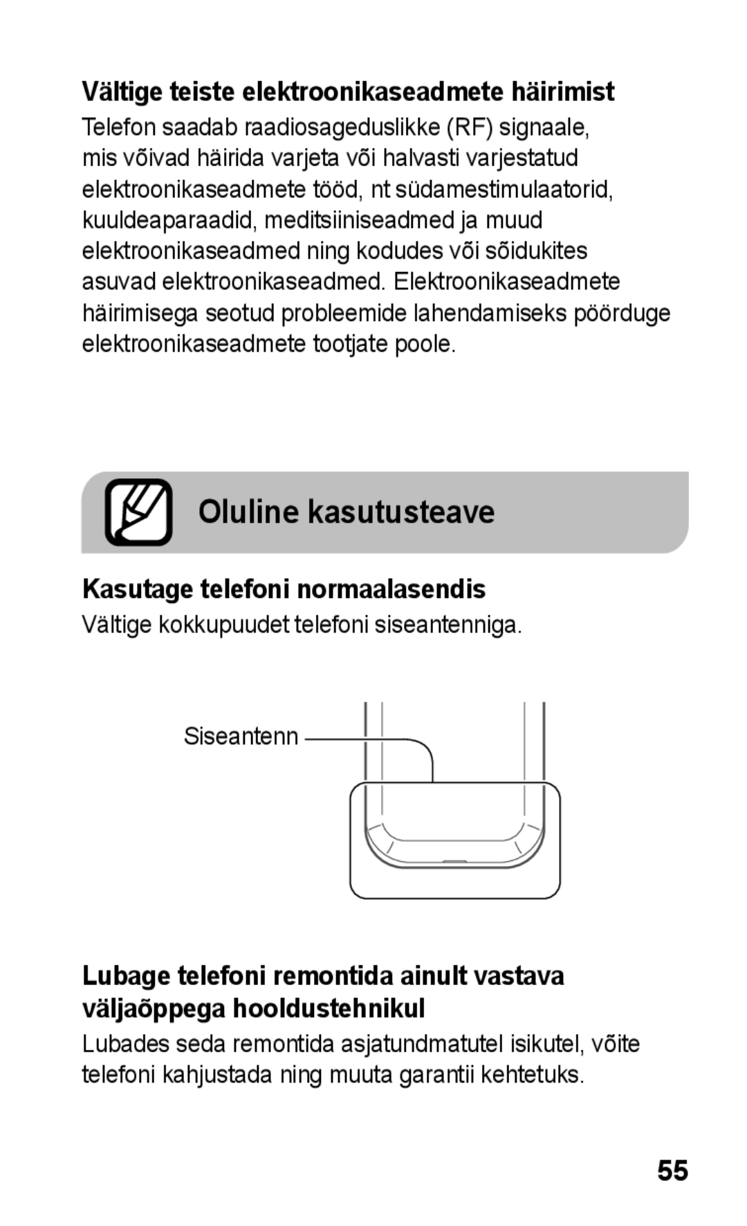 Samsung GT-C3300SIKBAL, GT-C3300DKKSEB, GT-C3300CWKSEB Oluline kasutusteave, Vältige teiste elektroonikaseadmete häirimist 