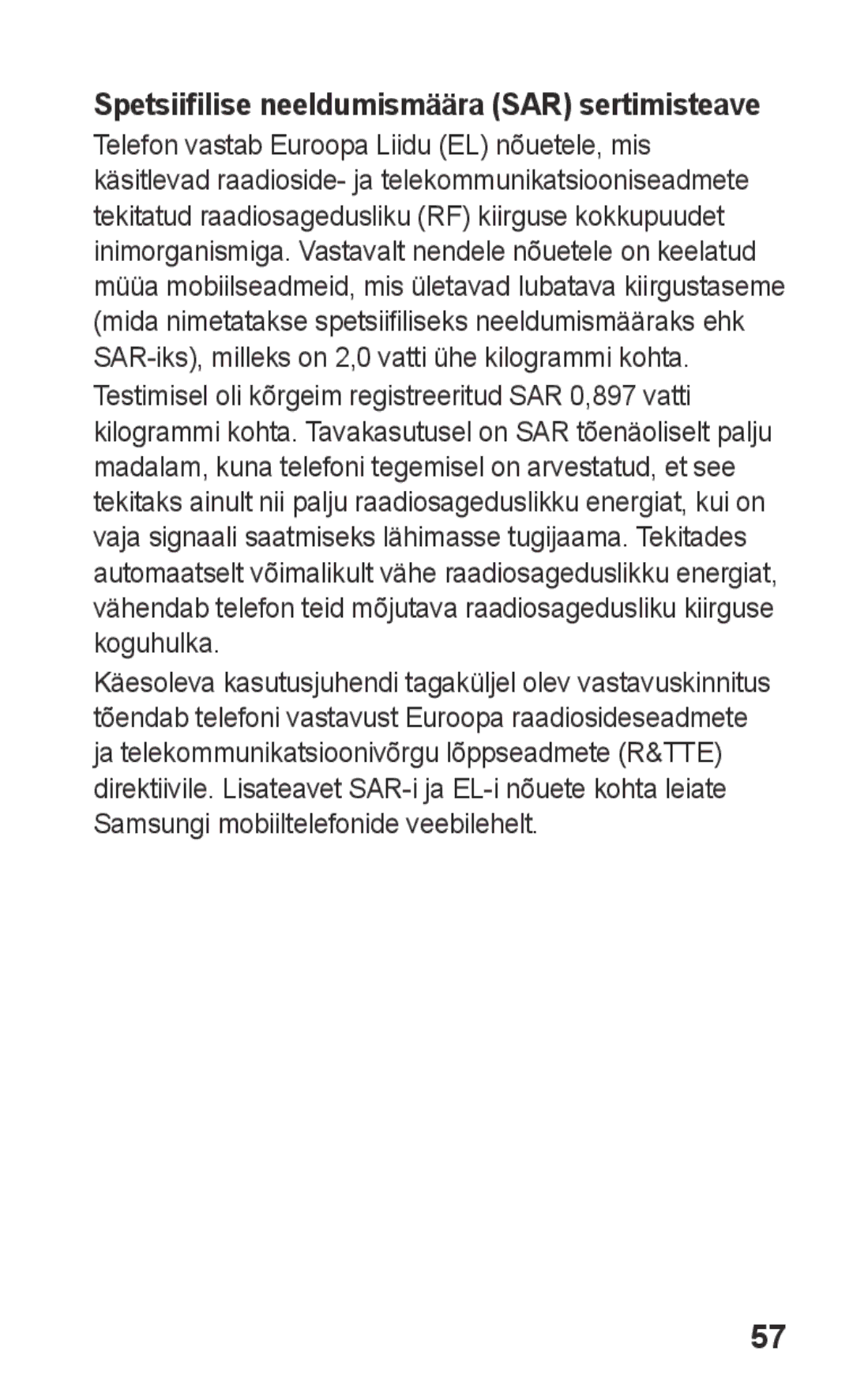 Samsung GT-C3300CWKSEB, GT-C3300SIKBAL, GT-C3300DKKSEB, GT-C3300SIKSEB manual Spetsiifilise neeldumismäära SAR sertimisteave 