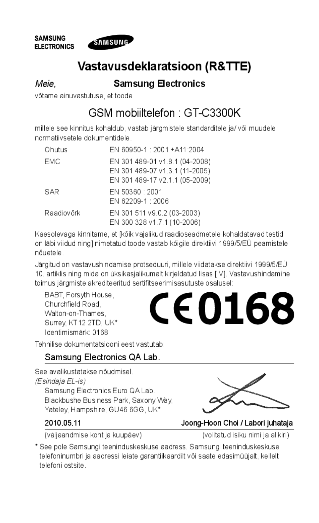 Samsung GT-C3300DKKSEB, GT-C3300SIKBAL, GT-C3300CWKSEB, GT-C3300SIKSEB, GT-C3300CWKEMT manual GSM mobiiltelefon GT-C3300K, Sar 