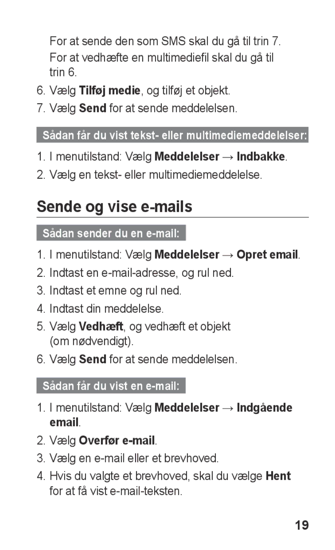 Samsung GT-C3300ENKNEE Sende og vise e-mails, Sådan sender du en e-mail, Sådan får du vist en e-mail, Vælg Overfør e-mail 