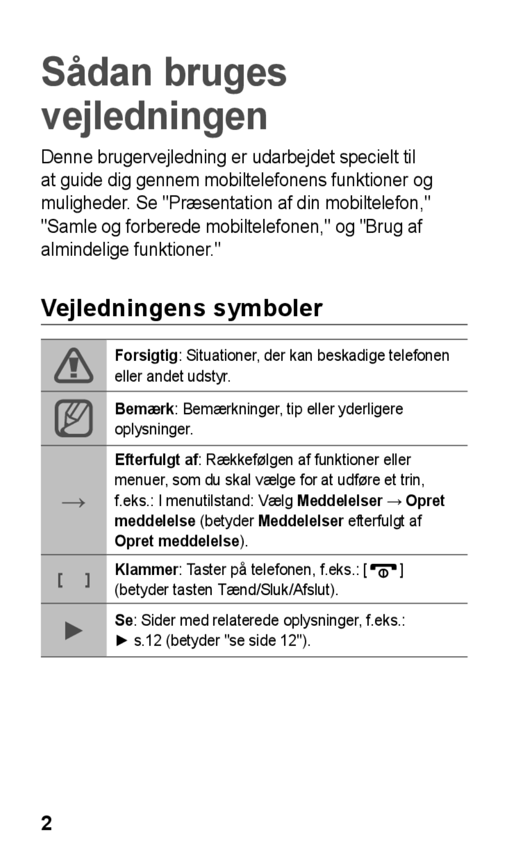 Samsung GT-C3300DKKNEE, GT-C3300SIKNEE, GT-C3300CWKNEE, GT-C3300SIKXEE Sådan bruges vejledningen, Vejledningens symboler 