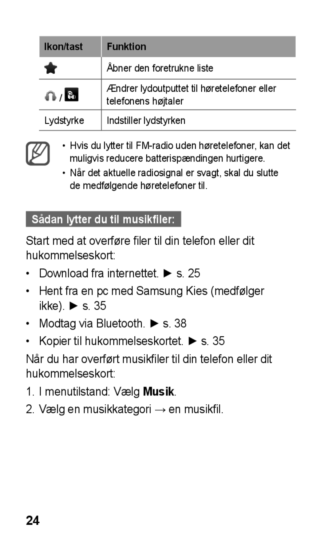 Samsung GT-C3300ENKNEE, GT-C3300SIKNEE, GT-C3300CWKNEE manual Sådan lytter du til musikfiler, Lydstyrke Indstiller lydstyrken 