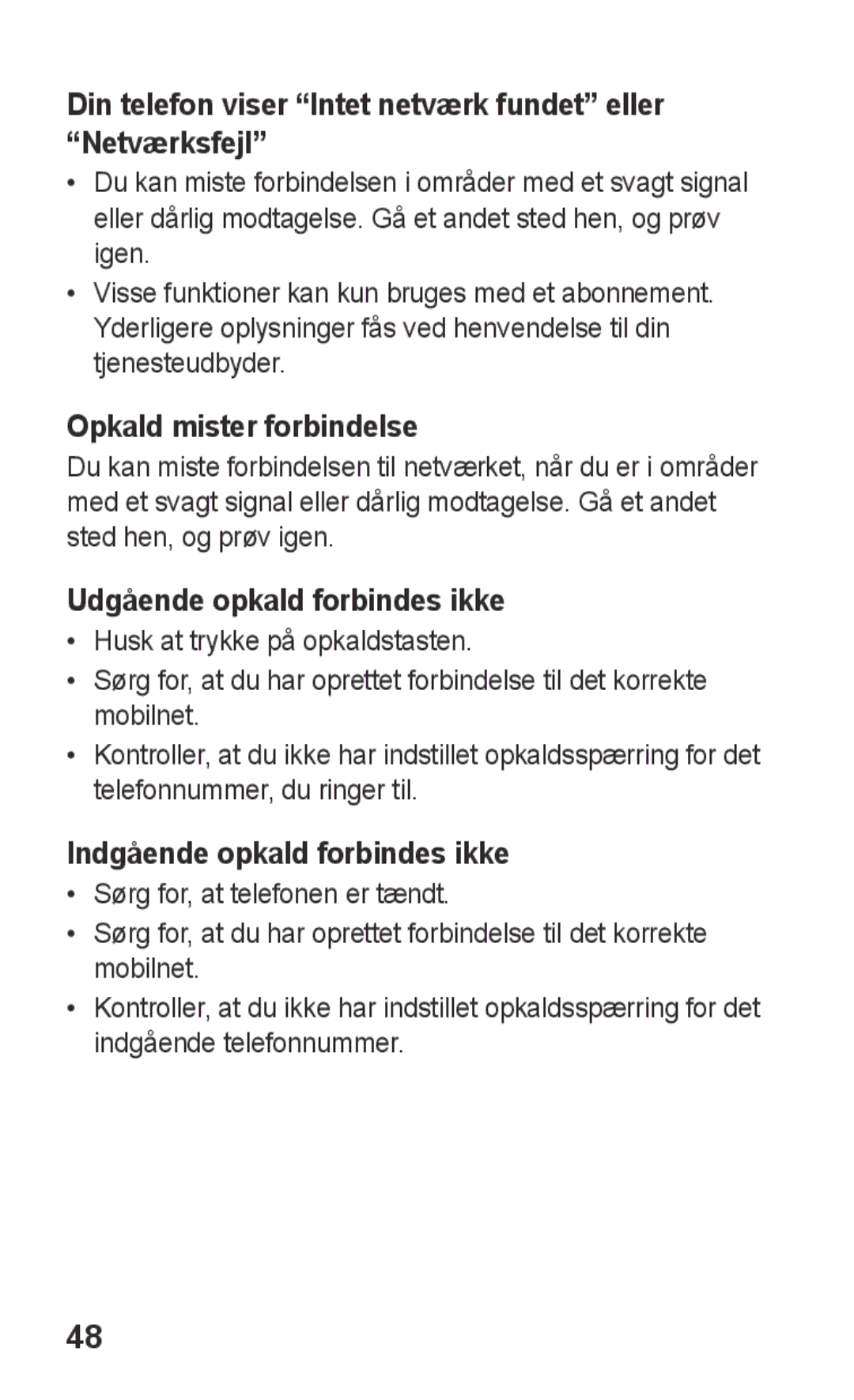 Samsung GT-C3300SIKXEE manual Din telefon viser Intet netværk fundet eller Netværksfejl, Opkald mister forbindelse 