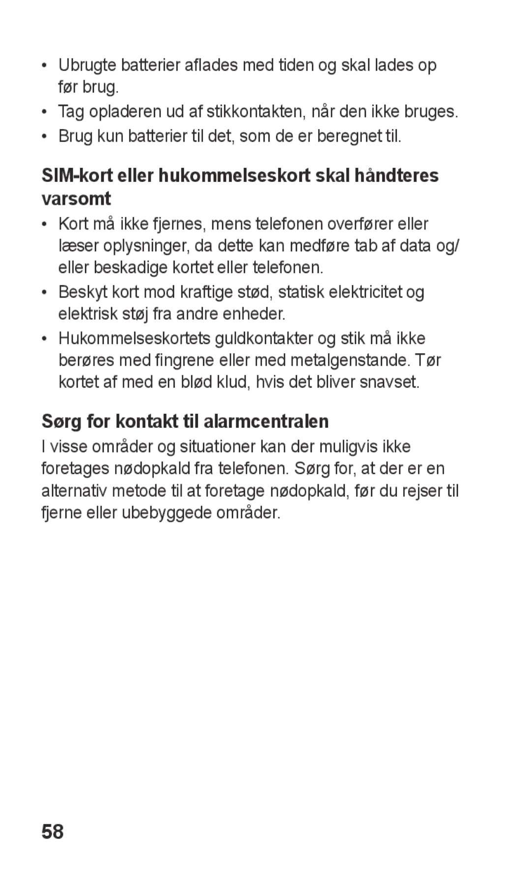 Samsung GT-C3300SIKXEE manual SIM-kort eller hukommelseskort skal håndteres varsomt, Sørg for kontakt til alarmcentralen 