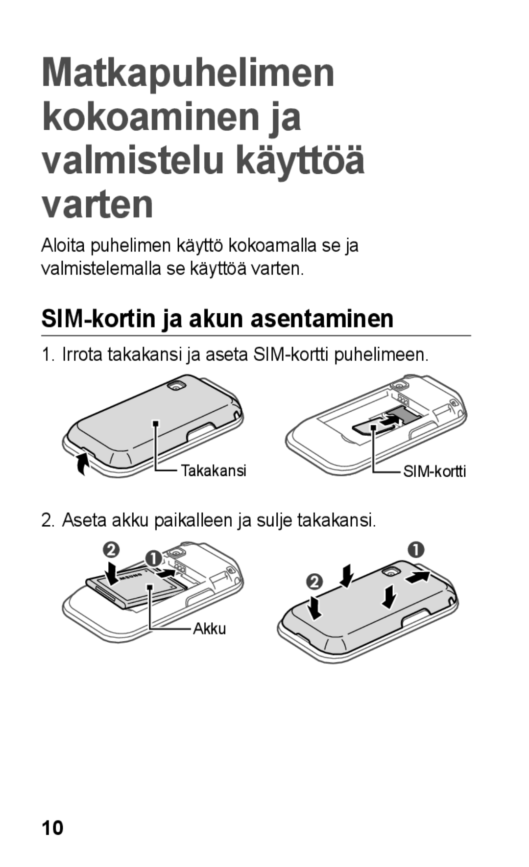 Samsung GT-C3300SIKNEE, GT-C3300CWKNEE SIM-kortin ja akun asentaminen, Irrota takakansi ja aseta SIM-kortti puhelimeen 