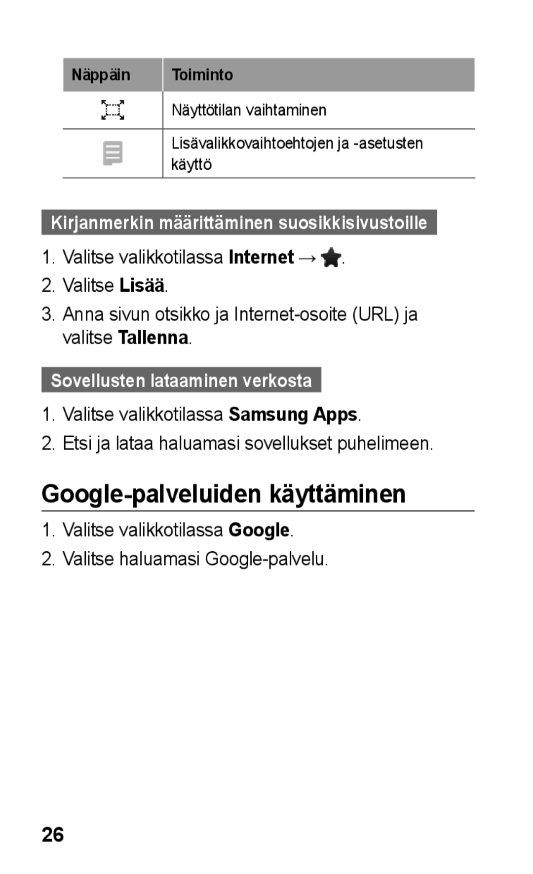 Samsung GT-C3300CWKNEE, GT-C3300SIKNEE, GT-C3300DKKNEE manual Google-palveluiden käyttäminen, Sovellusten lataaminen verkosta 