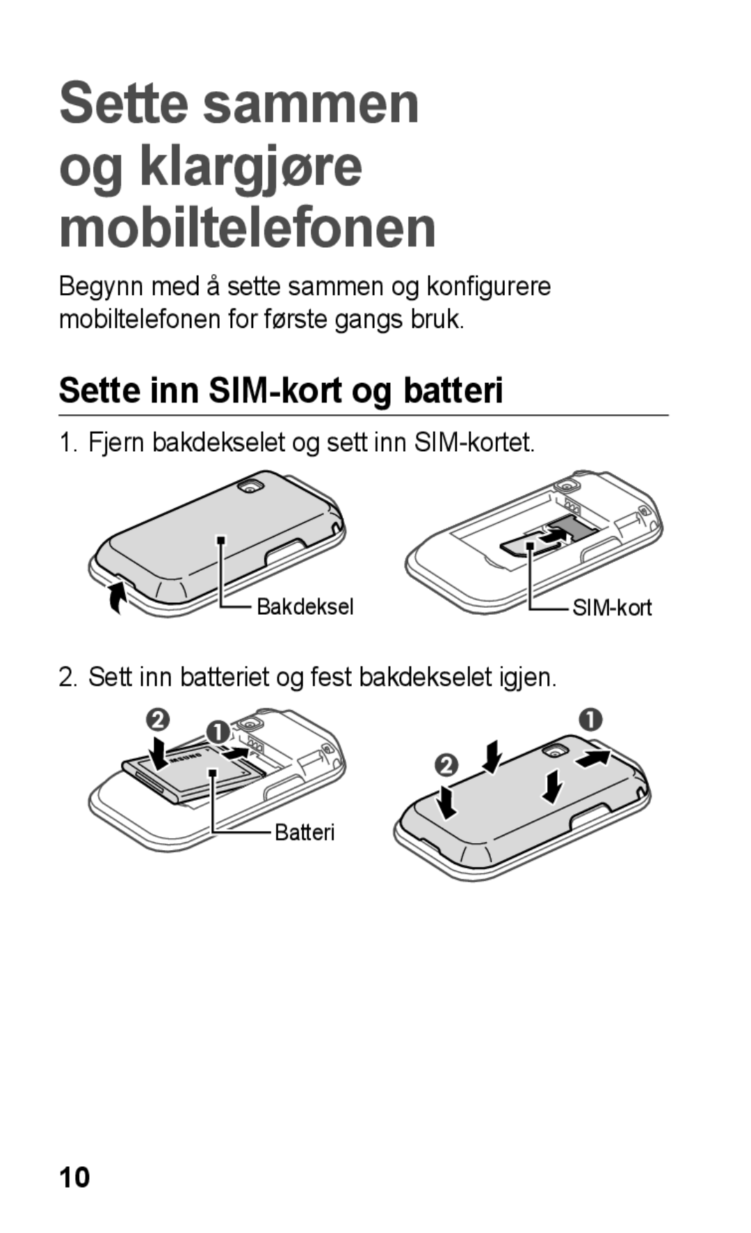 Samsung GT-C3300SIKNEE, GT-C3300CWKNEE manual Sette inn SIM-kort og batteri, Fjern bakdekselet og sett inn SIM-kortet 