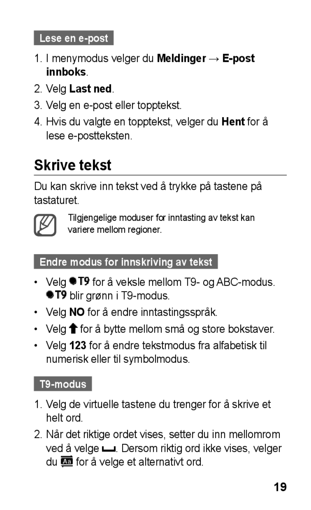 Samsung GT-C3300ENKNEE manual Skrive tekst, Lese en e-post, Velg Last ned, Endre modus for innskriving av tekst, T9-modus 