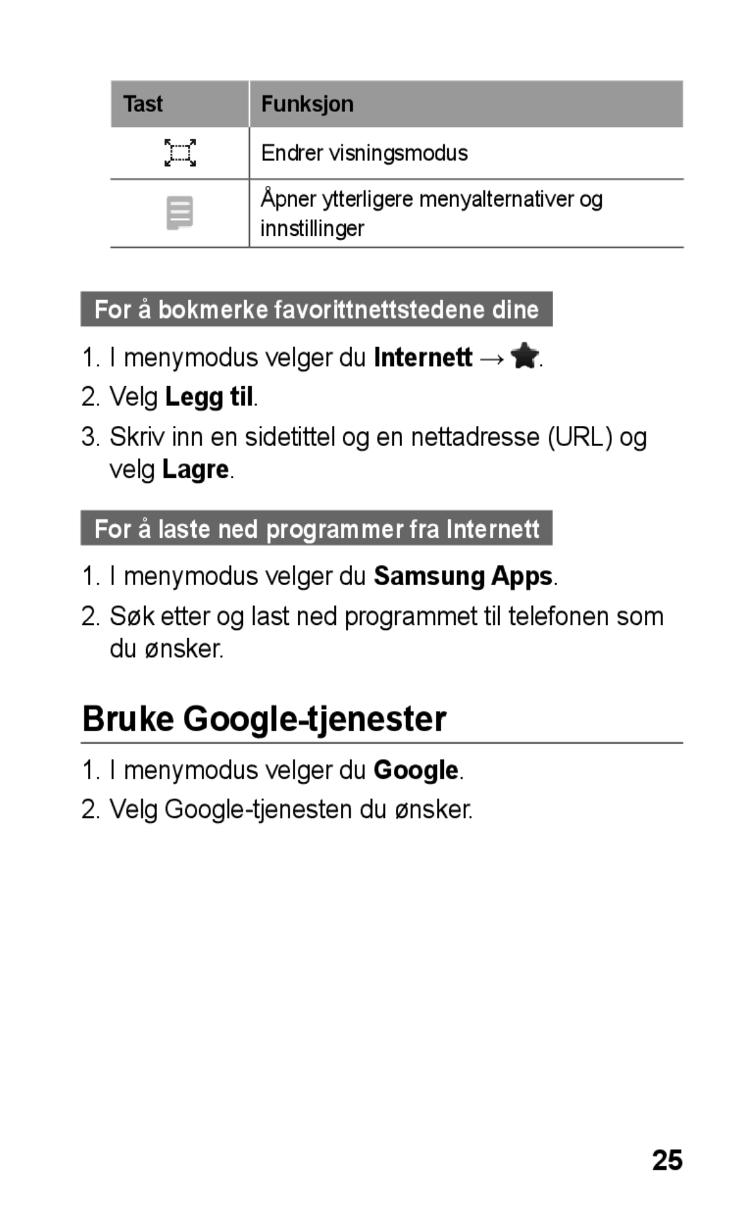 Samsung GT-C3300SIKNEE, GT-C3300CWKNEE manual Bruke Google-tjenester, For å bokmerke favorittnettstedene dine, Velg Legg til 