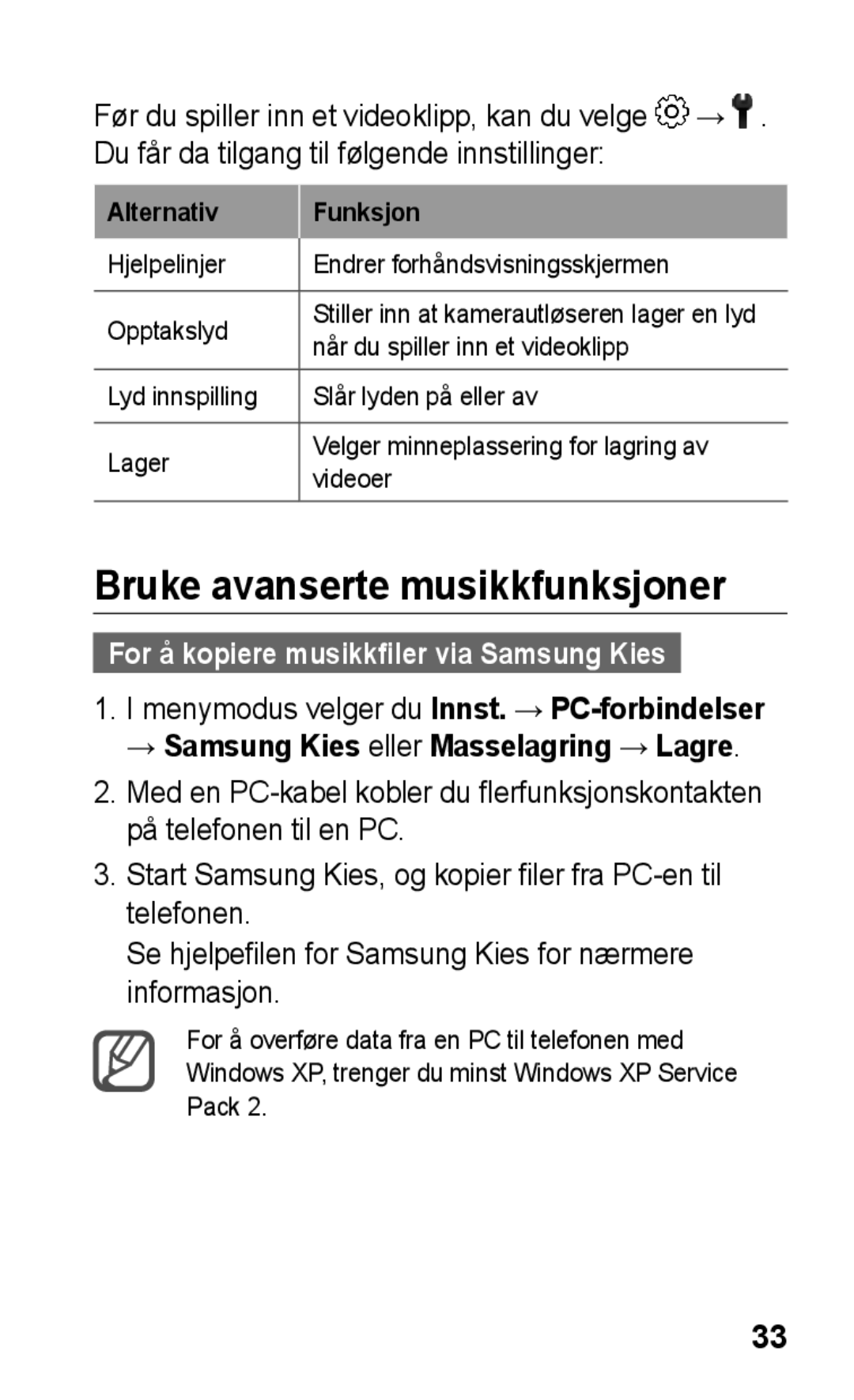 Samsung GT-C3300SIKXEE, GT-C3300SIKNEE manual Bruke avanserte musikkfunksjoner, For å kopiere musikkfiler via Samsung Kies 