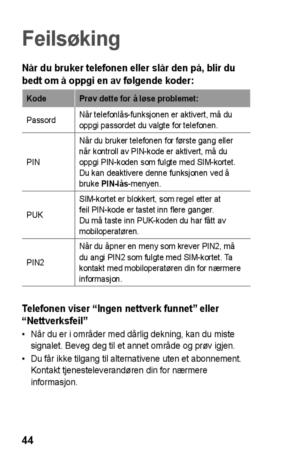 Samsung GT-C3300ENKNEE, GT-C3300SIKNEE manual Feilsøking, Telefonen viser Ingen nettverk funnet eller Nettverksfeil 