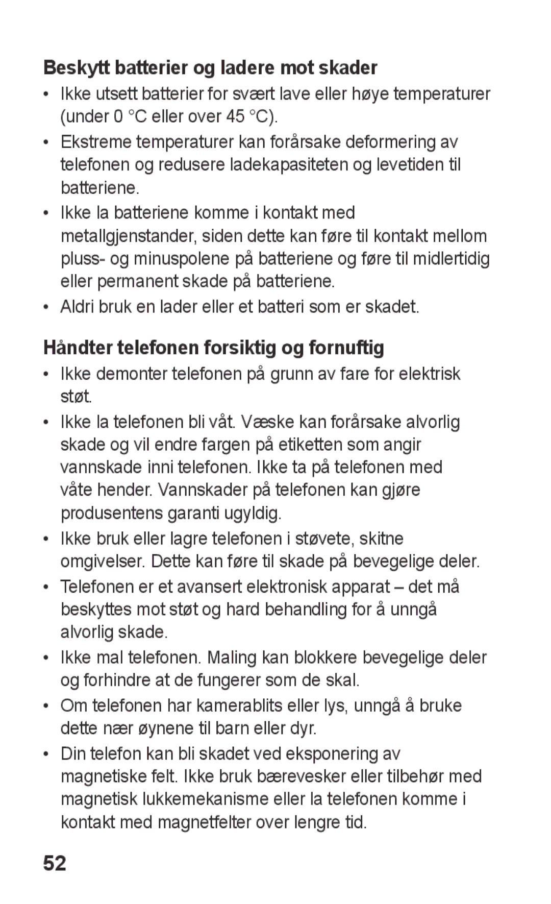 Samsung GT-C3300DKKNEE, GT-C3300SIKNEE Beskytt batterier og ladere mot skader, Håndter telefonen forsiktig og fornuftig 