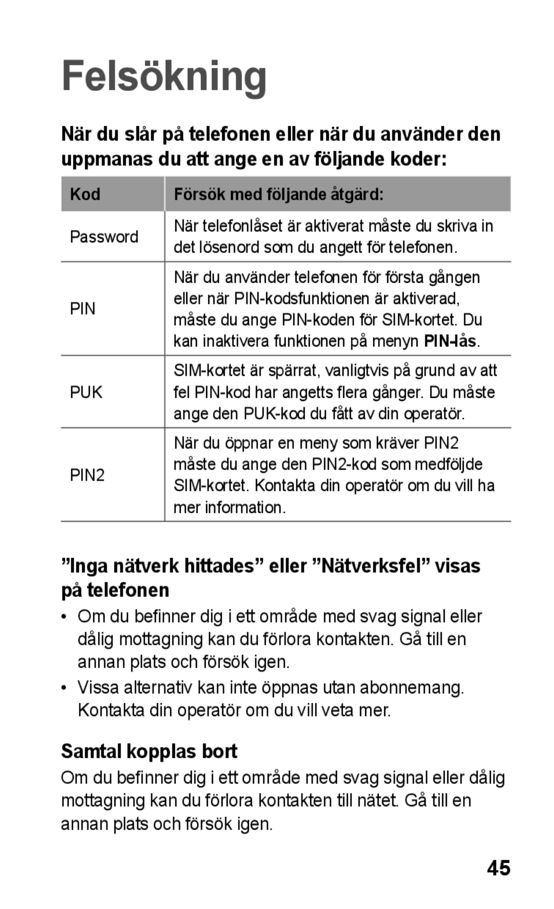 Samsung GT-C3300SIKNEE, GT-C3300CWKNEE Inga nätverk hittades eller Nätverksfel visas på telefonen, Samtal kopplas bort 