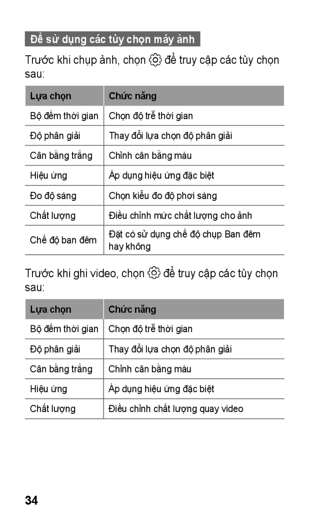 Samsung GT-C3303SIIXXV manual Để sử dụng các tùy chọn máy ảnh, Trước khi chụp ảnh, chọn để truy cập các tùy chọn sau 