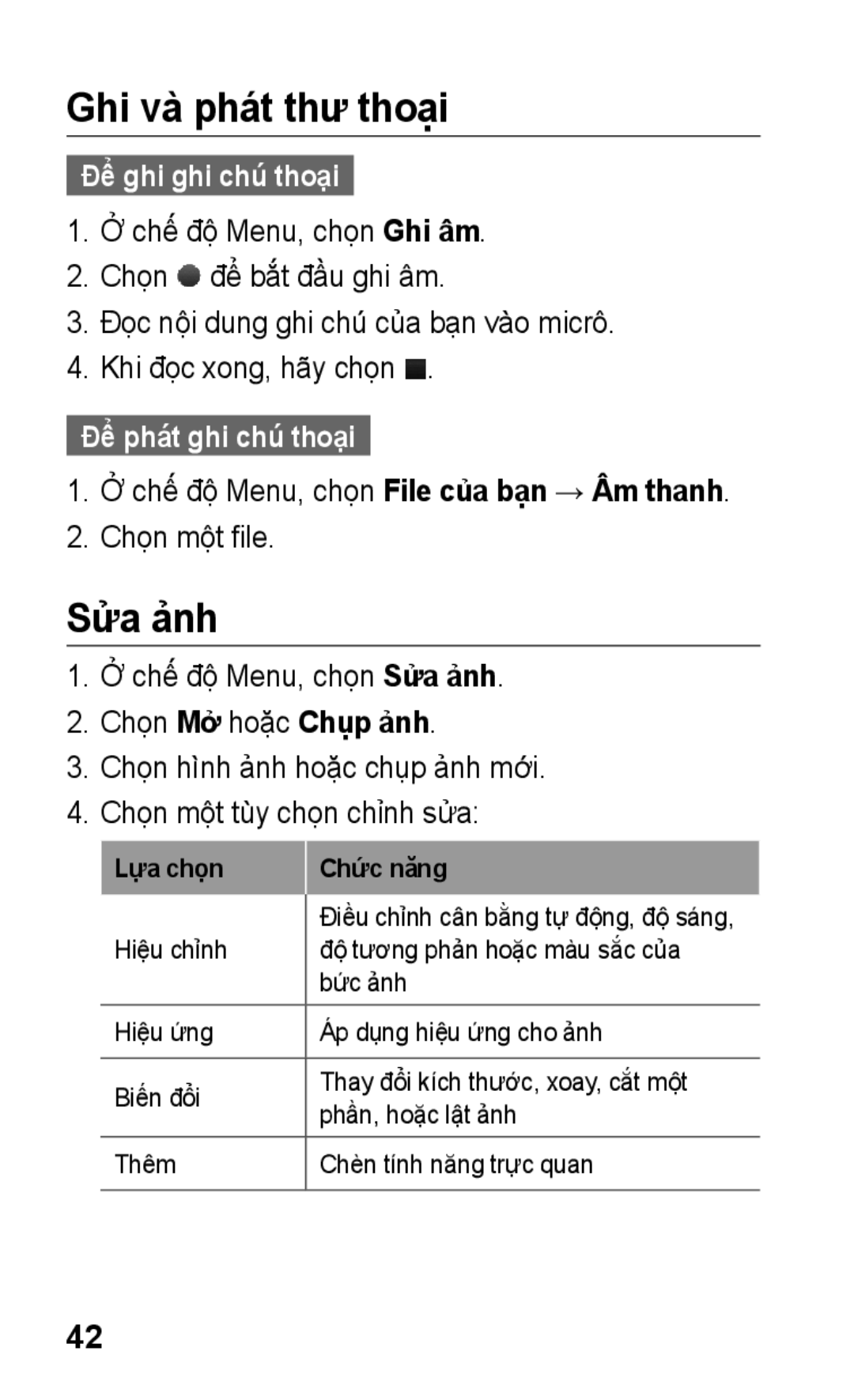 Samsung GT-C3303DKIXXV, GT-C3303WRIXXV manual Ghi và phát thư thoại, Sửa ảnh, Để ghi ghi chú thoại, Để phát ghi chú thoại 