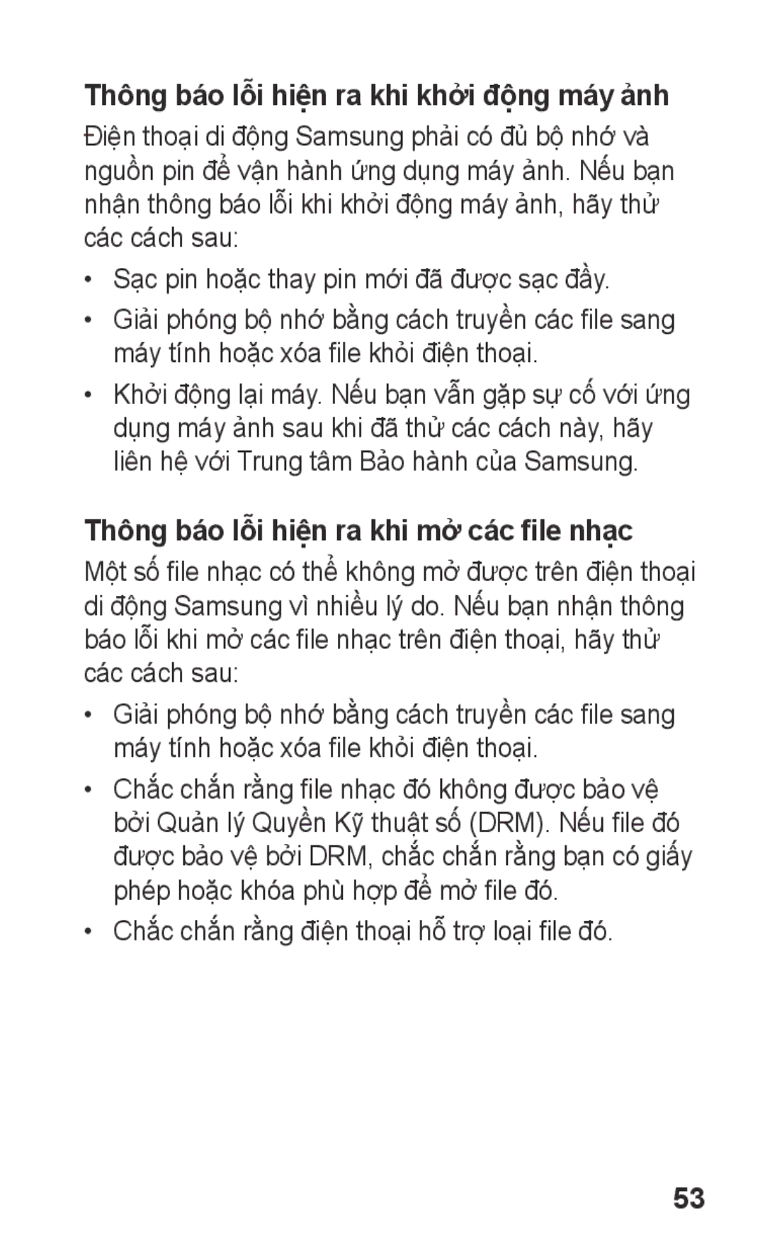 Samsung GT-C3303CIIXXV manual Thông báo lỗi hiện ra khi khởi động máy ảnh, Thông báo lỗi hiện ra khi mở các file nhạc 