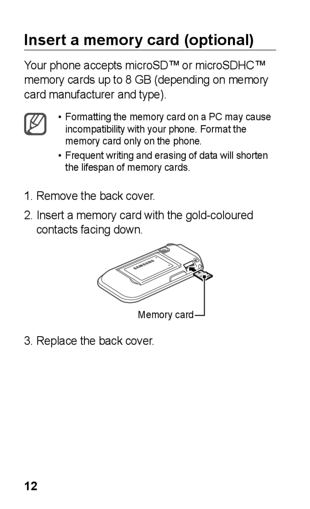 Samsung GT-C3303ENKAFR, GT-C3303SIKKEN, GT-C3303SIKMMC, GT-C3303SIKTMC Insert a memory card optional, Replace the back cover 