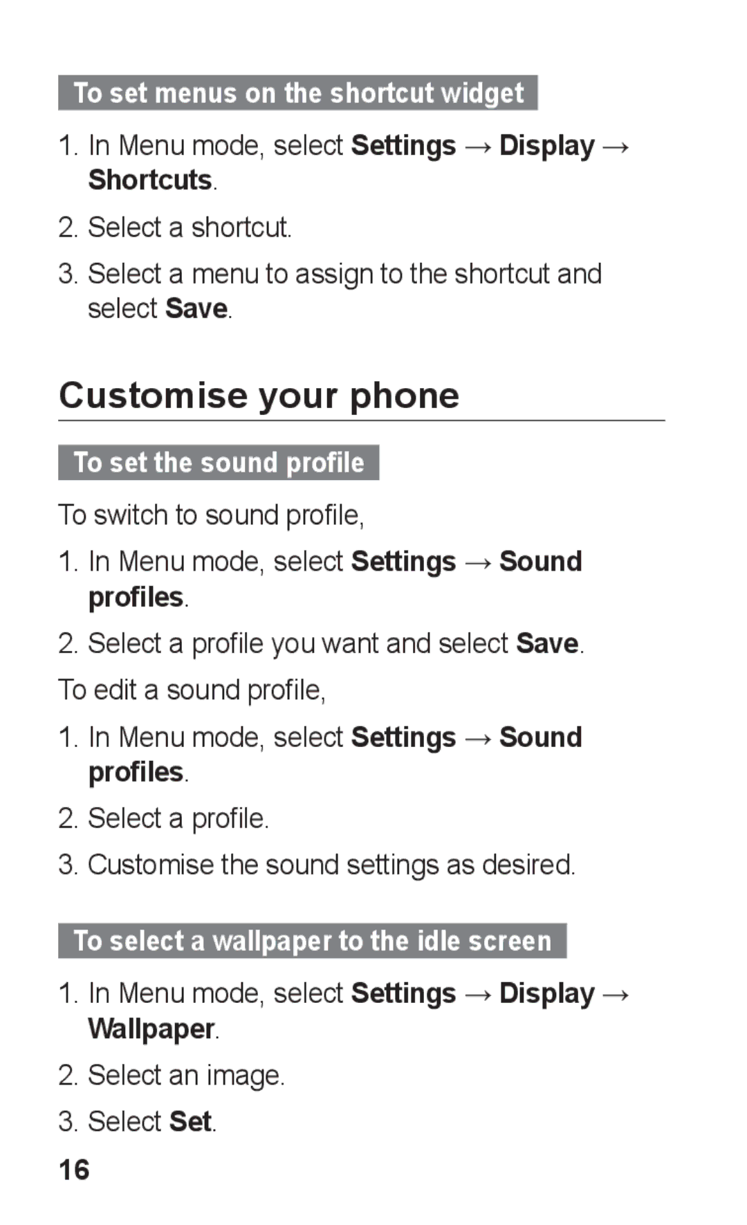 Samsung GT-C3303WRKEGY, GT-C3303SIKKEN Customise your phone, To set menus on the shortcut widget, To set the sound profile 