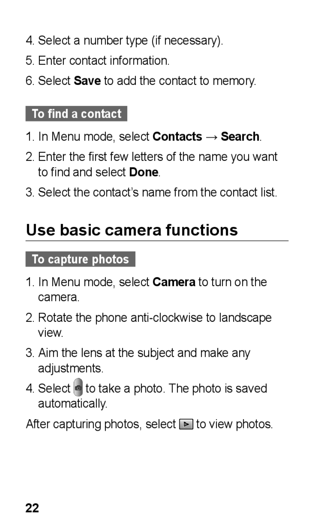 Samsung GT-C3303PSKAFR, GT-C3303SIKKEN, GT-C3303SIKMMC Use basic camera functions, To find a contact, To capture photos 