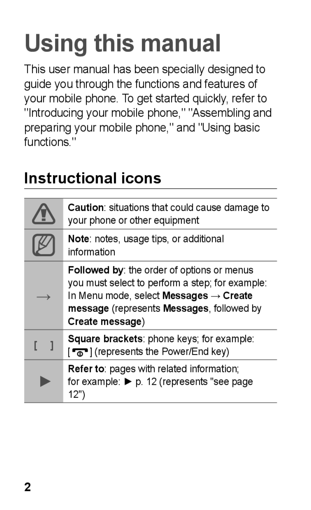 Samsung GT-C3303PSKTHR, GT-C3303SIKKEN, GT-C3303SIKMMC, GT-C3303SIKTMC, GT-C3303CWKKSA Using this manual, Instructional icons 