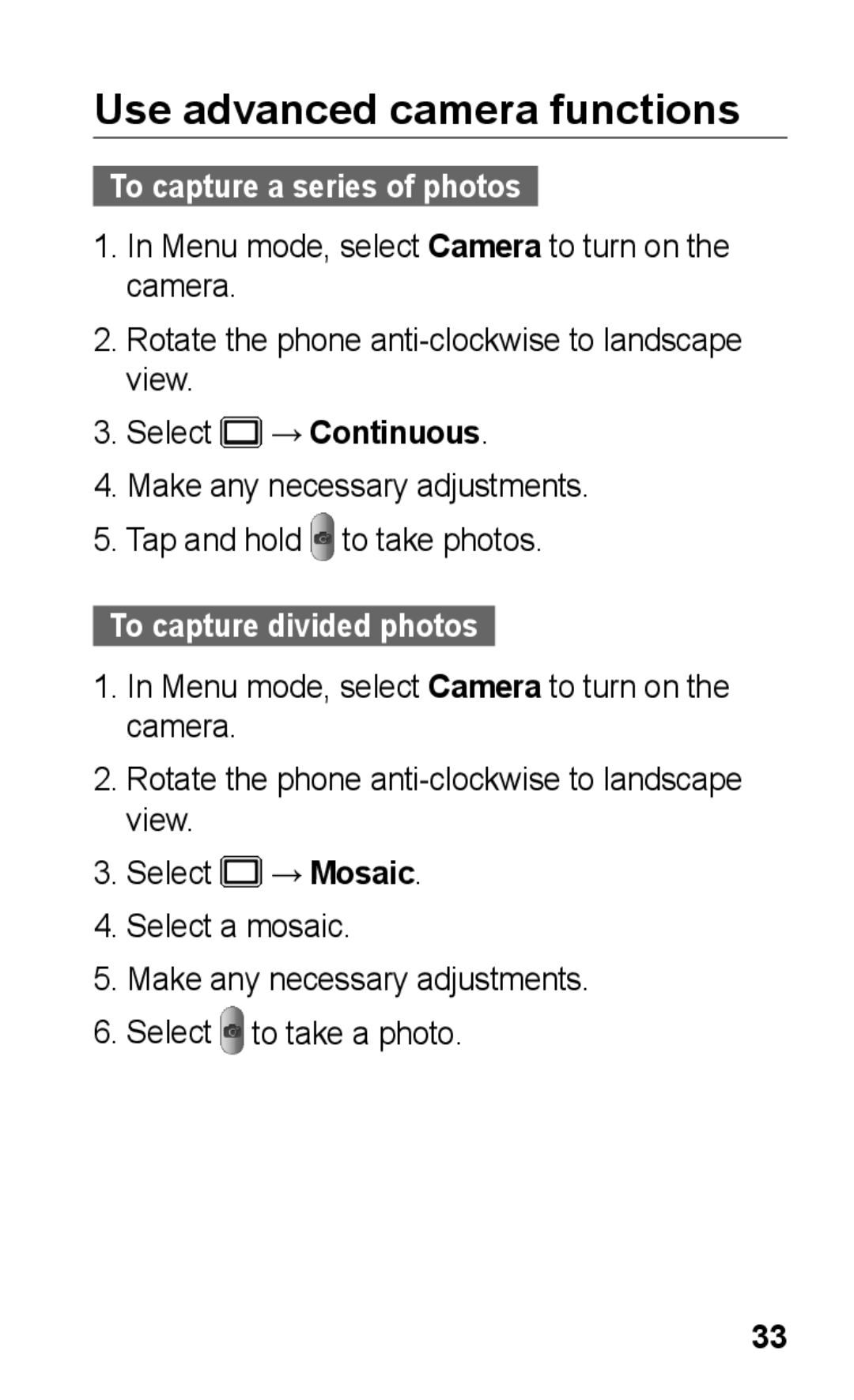 Samsung GT-C3303CWKABS manual Use advanced camera functions, To capture a series of photos, To capture divided photos 