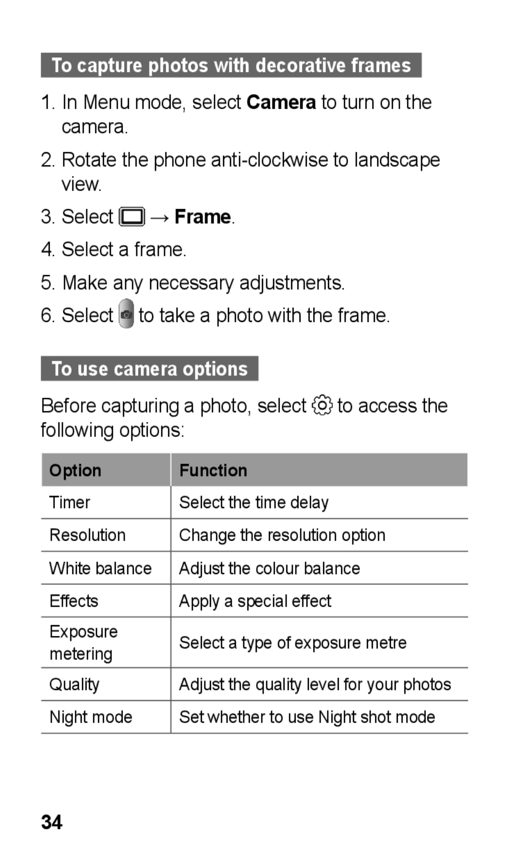 Samsung GT-C3303CWKXSG, GT-C3303SIKKEN, GT-C3303SIKMMC, GT-C3303SIKTMC, GT-C3303PSKTHR To use camera options, Option Function 