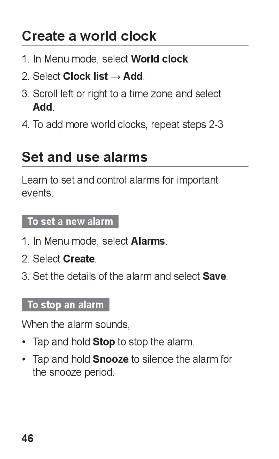 Samsung GT-C3303ENKKSA manual Create a world clock, Set and use alarms, Select Clock list → Add, To set a new alarm 