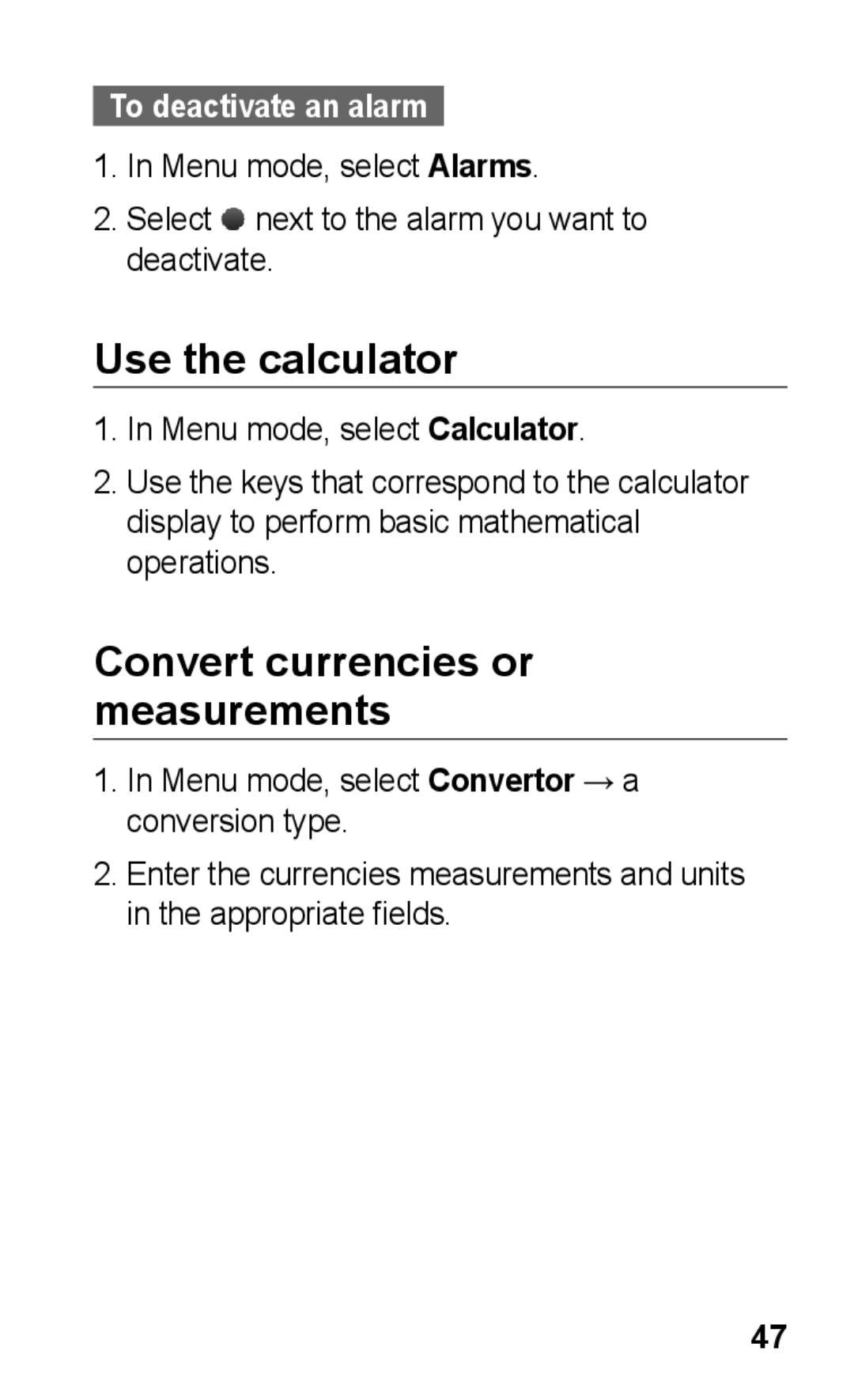 Samsung GT-C3303ENKMID, GT-C3303SIKKEN manual Use the calculator, Convert currencies or measurements, To deactivate an alarm 