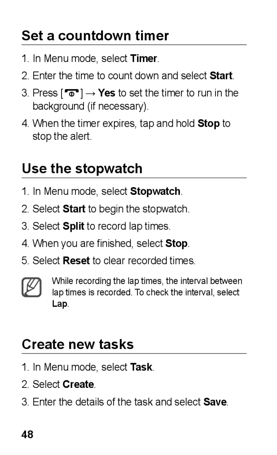 Samsung GT-C3303ENKXSG, GT-C3303SIKKEN, GT-C3303SIKMMC manual Set a countdown timer, Use the stopwatch, Create new tasks 