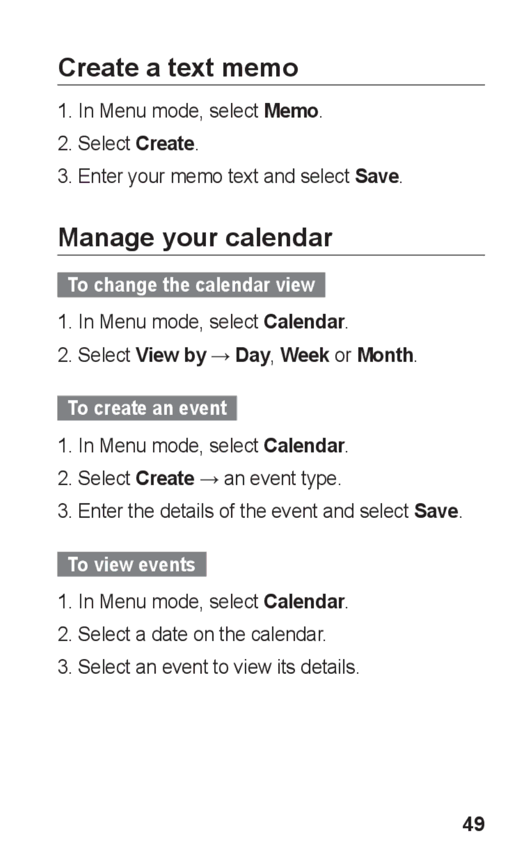 Samsung GT-C3303PSKPAK manual Create a text memo, Manage your calendar, To change the calendar view, To create an event 