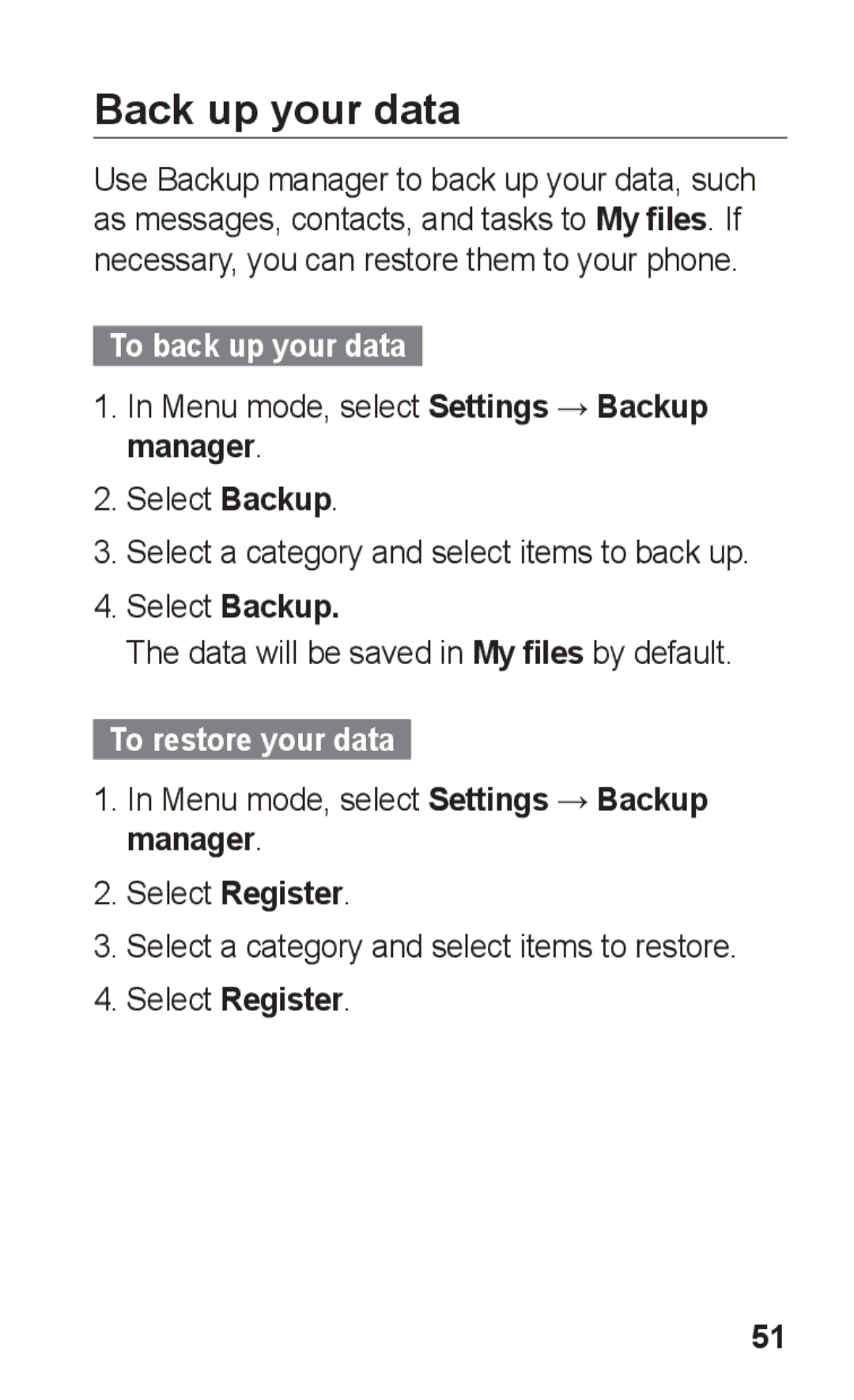 Samsung GT-C3303SIKABS manual Back up your data, To back up your data, Menu mode, select Settings → Backup manager 