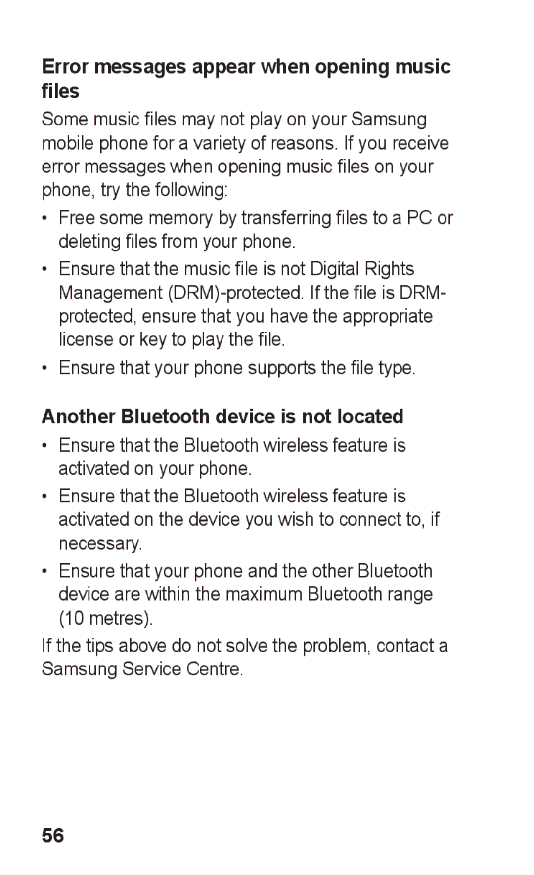 Samsung GT-C3303PSKEAG manual Error messages appear when opening music files, Ensure that your phone supports the file type 