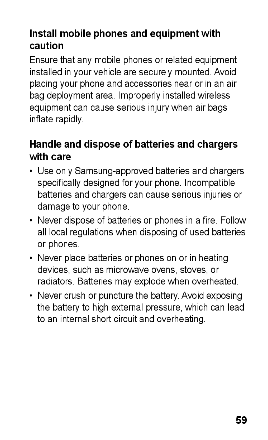 Samsung GT-C3303WRKTHR, GT-C3303SIKKEN, GT-C3303SIKMMC, GT-C3303SIKTMC manual Install mobile phones and equipment with caution 