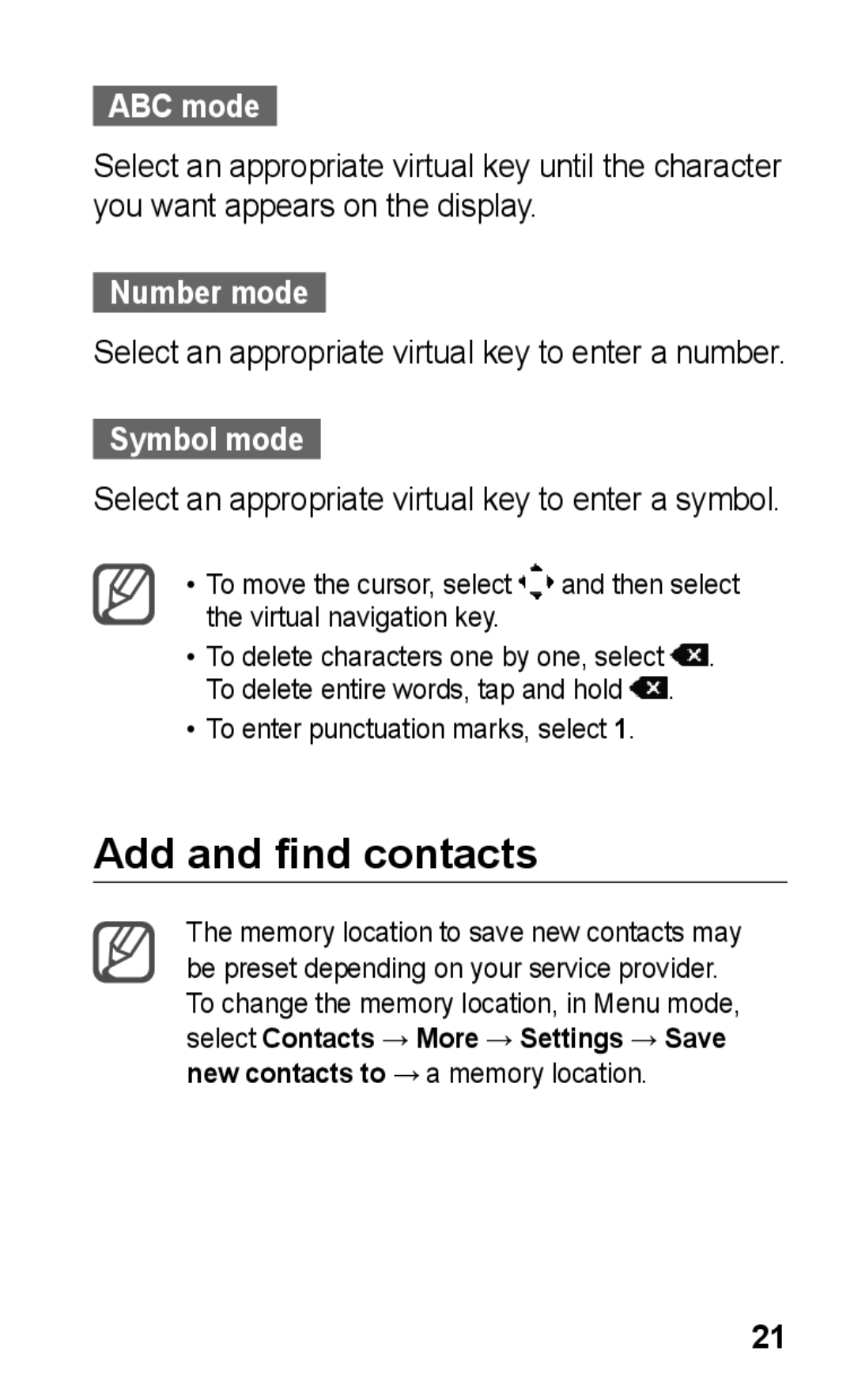 Samsung GT-C3303ENKMMC, GT-C3303SIKKEN, GT-C3303SIKMMC manual Add and find contacts, ABC mode, Number mode, Symbol mode 