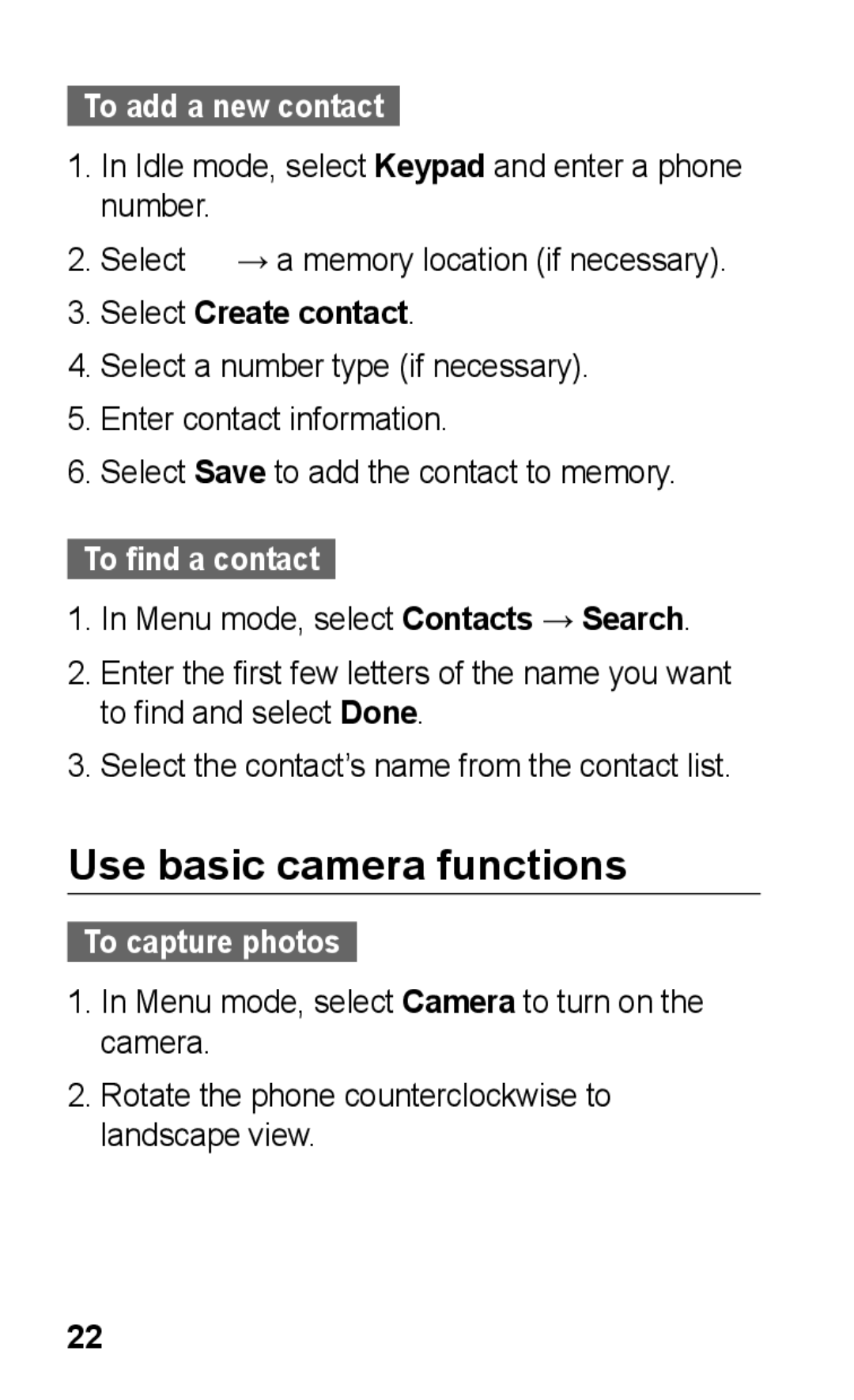 Samsung GT-C3303PSKAFR manual Use basic camera functions, To add a new contact, Select Create contact, To find a contact 