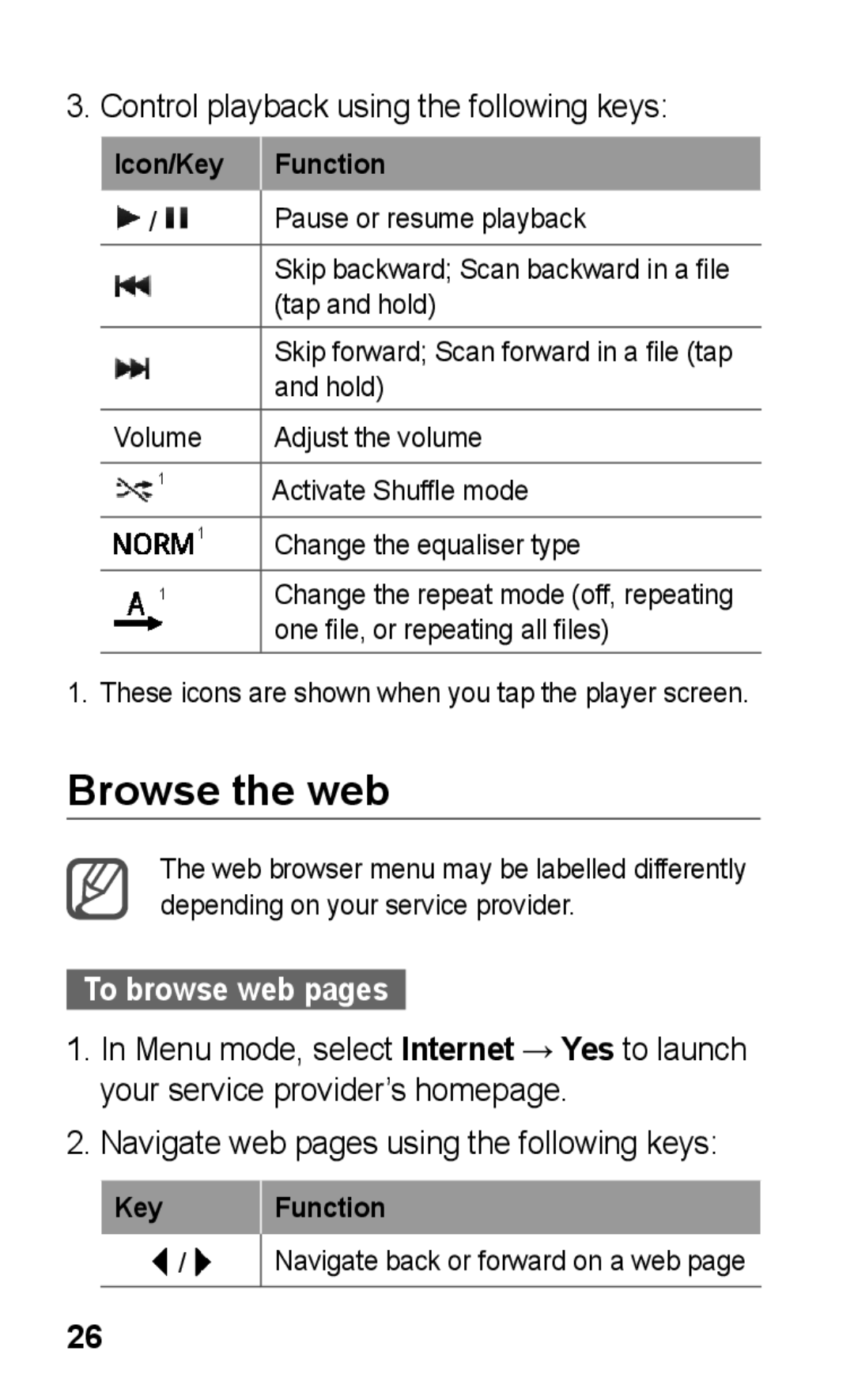 Samsung GT-C3303SIKTHR, GT-C3303SIKKEN manual Browse the web, Control playback using the following keys, To browse web pages 