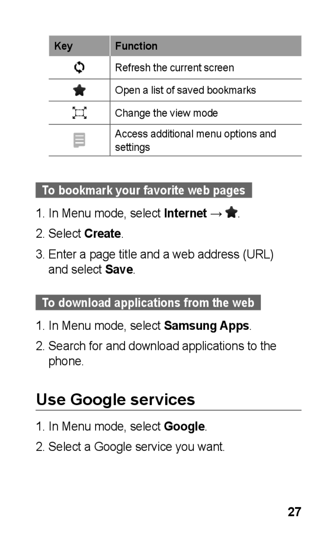 Samsung GT-C3303WRKMMC Use Google services, To bookmark your favorite web pages, To download applications from the web 