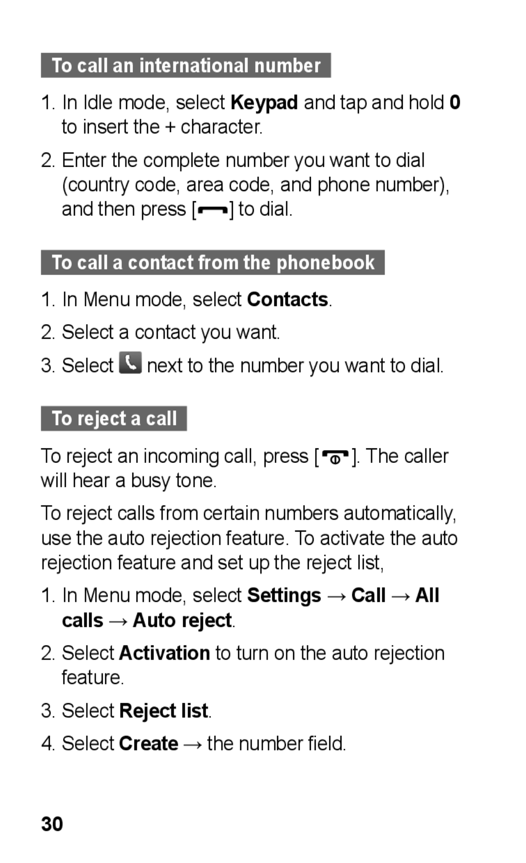 Samsung GT-C3303DKKAFR manual To call an international number, To call a contact from the phonebook, To reject a call 