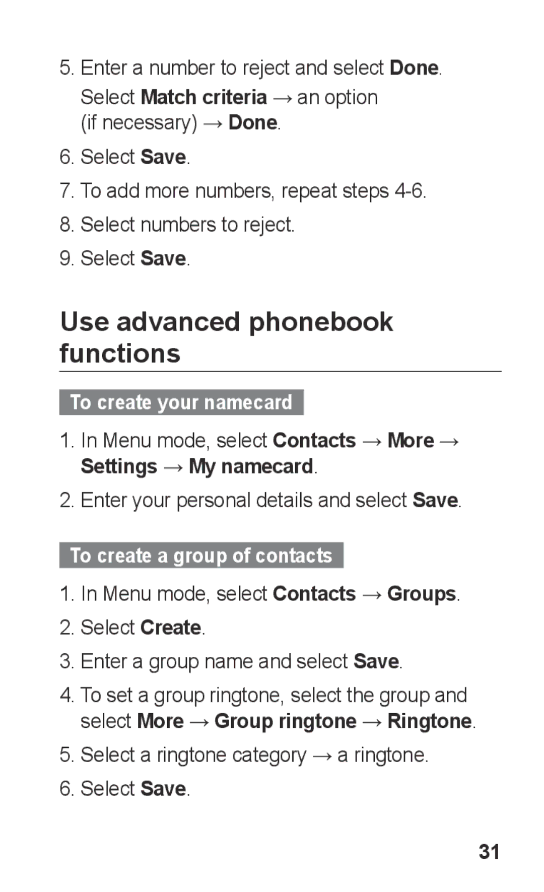 Samsung GT-C3303SIKXSG manual Use advanced phonebook functions, Select Match criteria → an option if necessary → Done 