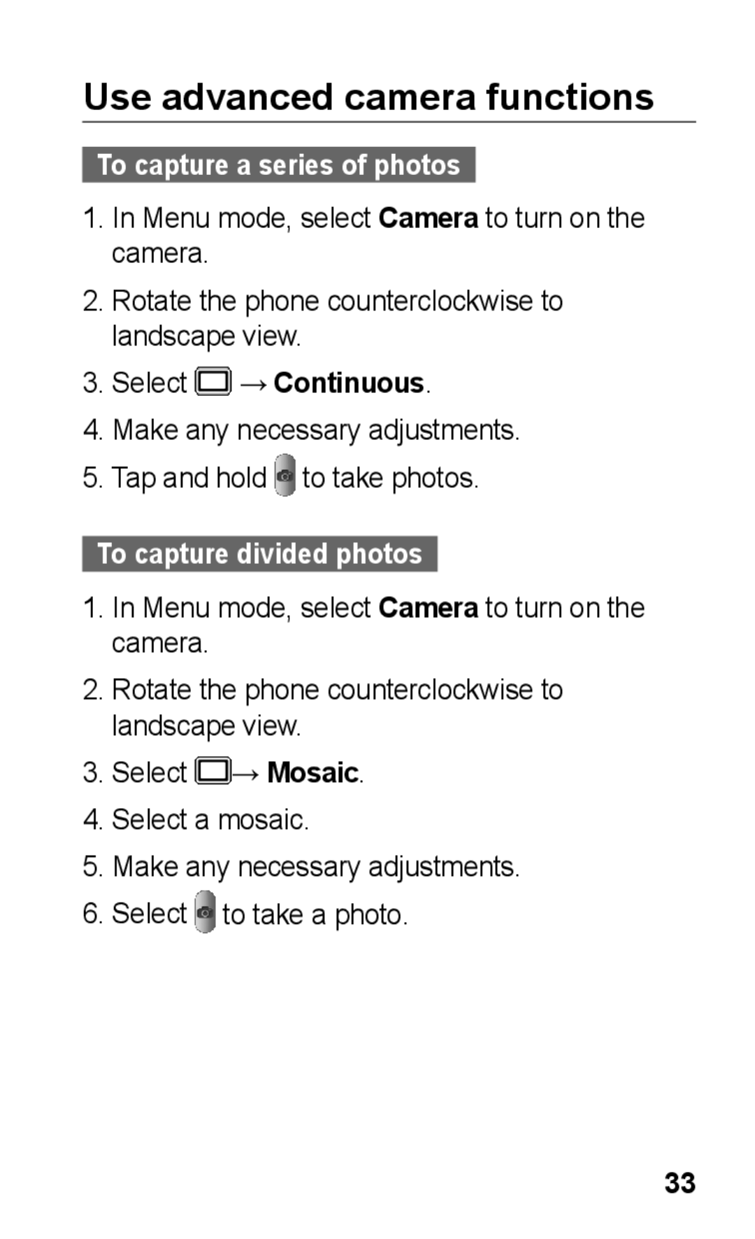 Samsung GT-C3303CWKABS manual Use advanced camera functions, To capture a series of photos, To capture divided photos 