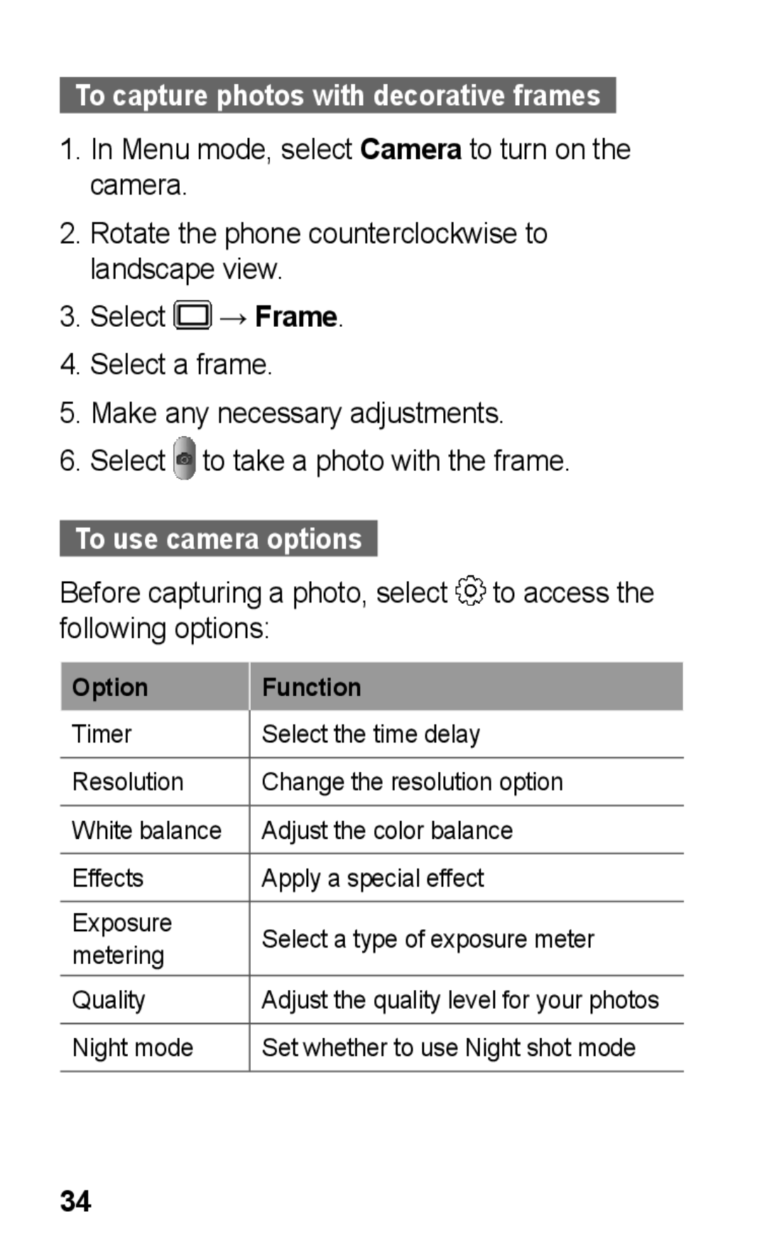 Samsung GT-C3303CWKXSG, GT-C3303SIKKEN, GT-C3303SIKMMC manual To capture photos with decorative frames, To use camera options 