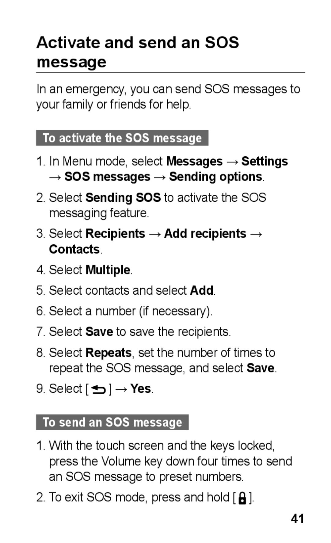 Samsung GT-C3303CWKPAK Activate and send an SOS message, To activate the SOS message, → SOS messages → Sending options 