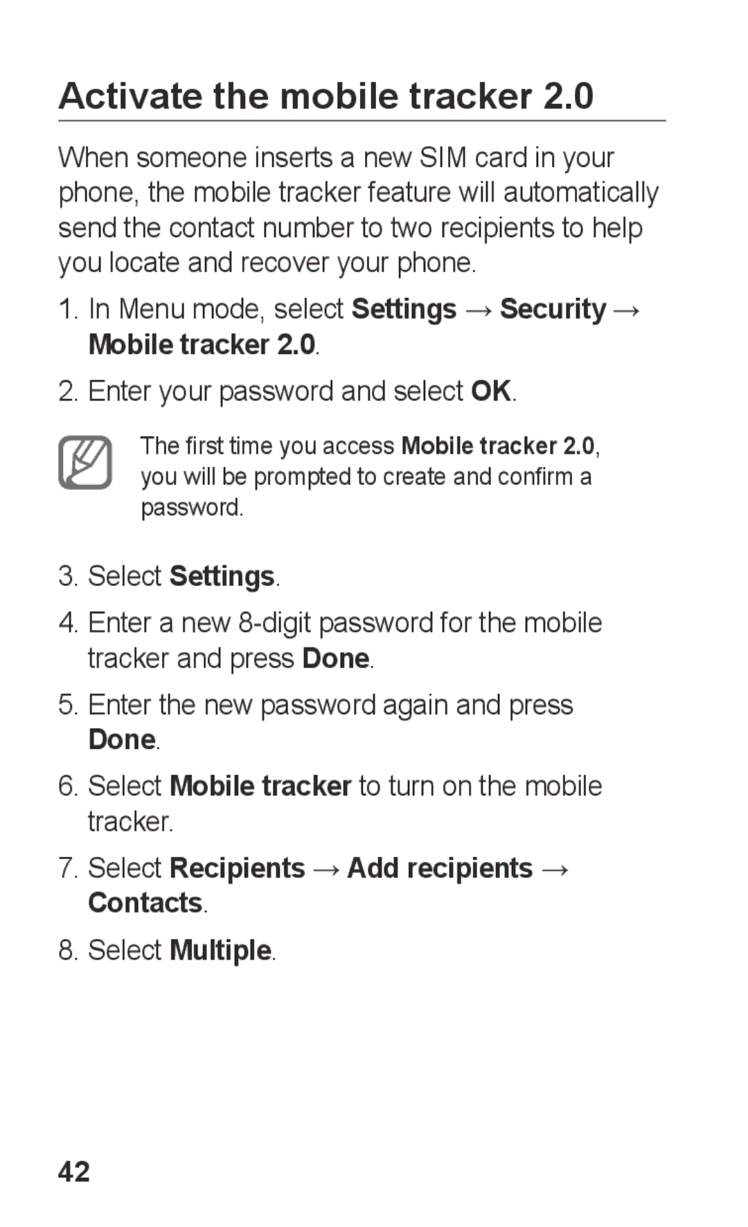 Samsung GT-C3303DKKABS, GT-C3303SIKKEN, GT-C3303SIKMMC, GT-C3303SIKTMC manual Activate the mobile tracker, Select Multiple 