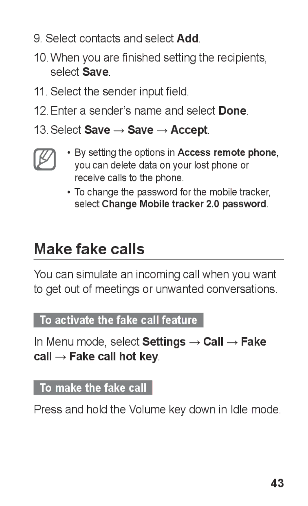 Samsung GT-C3303DKKKEN, GT-C3303SIKKEN Make fake calls, Select Save → Save → Accept, To activate the fake call feature 