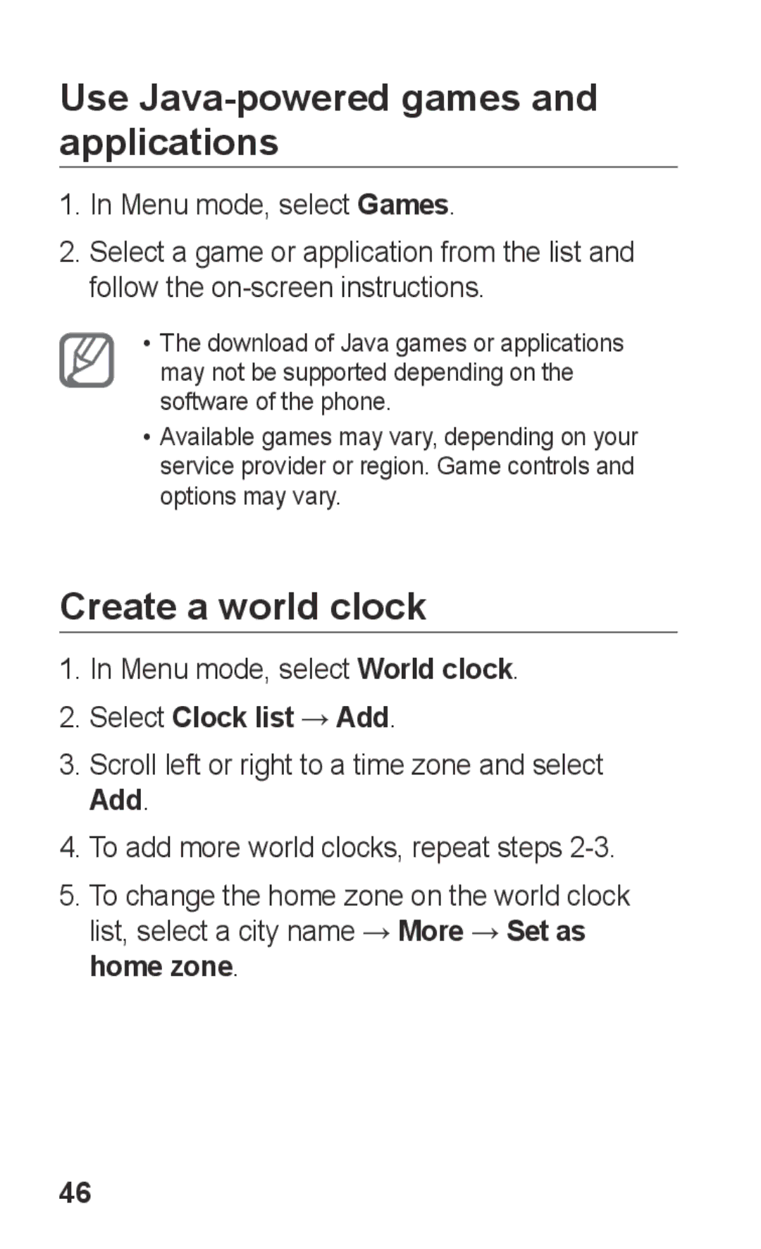 Samsung GT-C3303ENKKSA manual Use Java-powered games and applications, Create a world clock, Menu mode, select World clock 