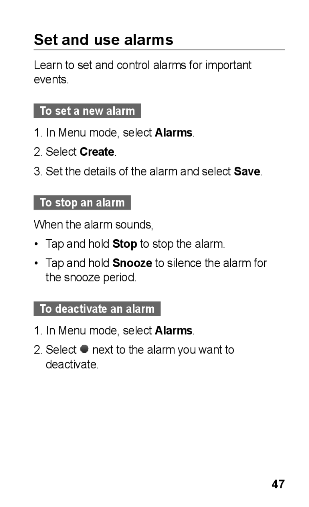 Samsung GT-C3303ENKMID manual Set and use alarms, Learn to set and control alarms for important events, To set a new alarm 